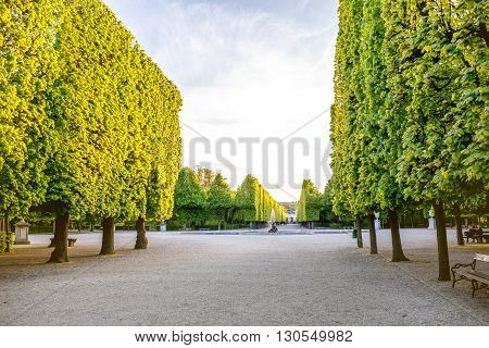 VIENNA, AUSTRIA - CIRCA APRIL 2016: Beautiful alley in Schonbrunn gardens in Vienna. Schonbrunn gardens are one of the most important architectural and historical places in Austria