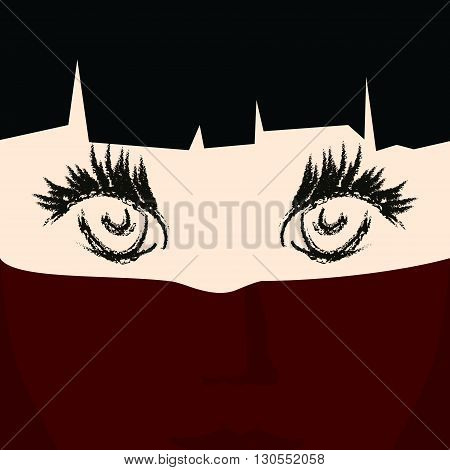 Face of a Young Girl under a Veil ,Girl Eyes and Face Closes Red Voile, Vector Illustration