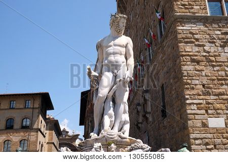 FLORENCE, ITALY - JUNE 05: Statue on the Fountain of Neptune on the Piazza della Signoria in Florence, Italy, on June 05, 2015