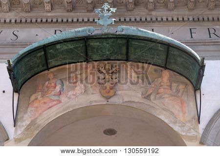 FLORENCE, ITALY - JUNE 05: Fresco on the facade of Basilica della Santissima Annunziata is a Roman Catholic minor basilica in Florence, Italy, the mother church of the Servite order, on June 05, 2015
