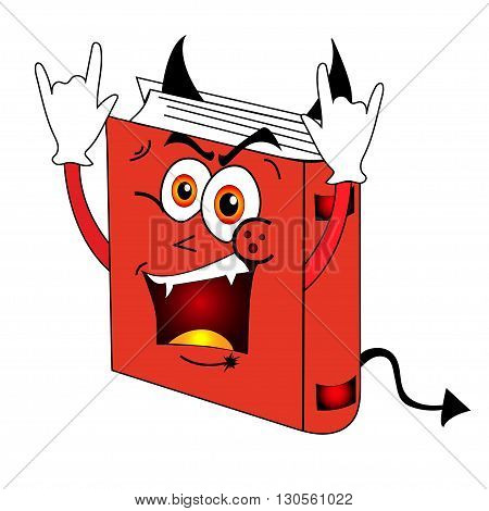 Funny, evil, fantasy, red book on white background.