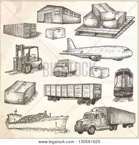 Logistics hand drawn isolated elements. Vector illustration.