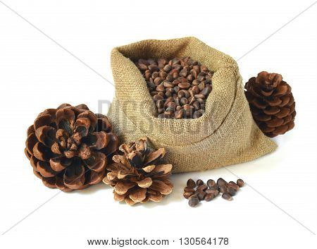 bag of pine nuts and cones isolated on white background. Alternative medicine. Natural medicines and vitamins.