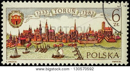 MOSCOW RUSSIA - MAY 17 2016: A stamp printed in Poland shows ancient Polish city Torun devoted to the 750th Anniversary of Torun circa 1983