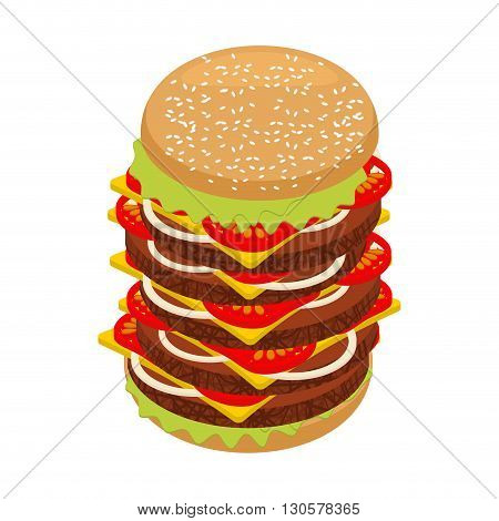 Very Large Hamburger. High Juicy Tall Burger. Huge Sandwich Patties And Cut Roll. Big Fresh Juicy Fo