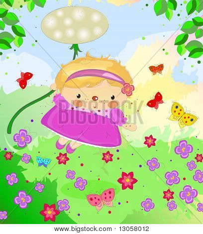 a little girl flying on a dandelion