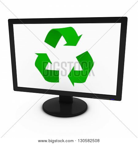 Green Recycling Symbol on Computer Screen - Isolated on White - 3D Illustration
