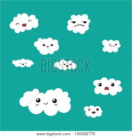Cute Clouds icon set on blue sky background. Funny shapes. Vector illustration.