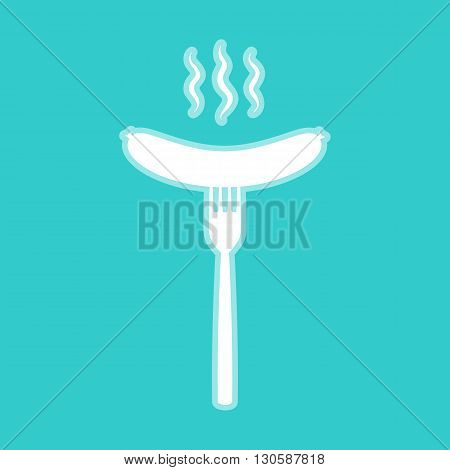 Sausage on fork Icon. White icon with whitish background on torquoise flat color.