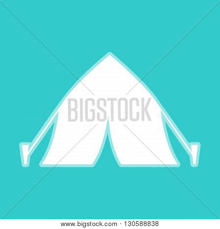 Tourist tent icon. White icon with whitish background on torquoise flat color.