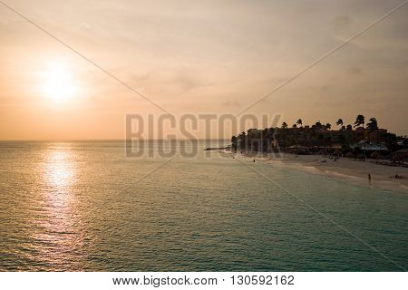 Sunset at Manchebo beach on Aruba island in the Caribbean Sea