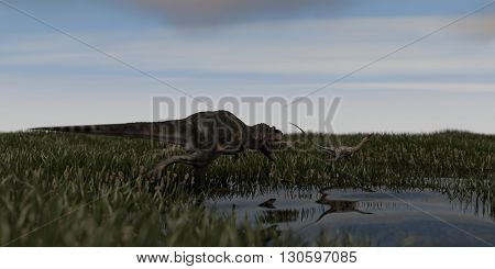 3d illustration of tarbosaurus chasing coelophysis