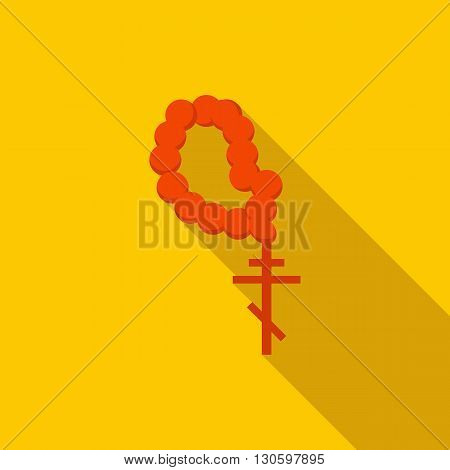 Orthodox cross with a rosary icon in flat style on a yellow background