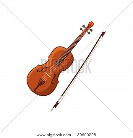 Violin with fiddlestick icon in cartoon style on a white background
