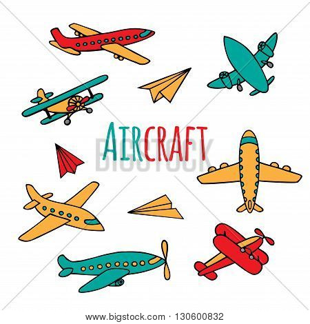 Set of airplanes hand-drawn. Aircraft bright colors in Doodle style. Vector illustration. The sketch of the airliner vintage aircraft and paper airplanes.