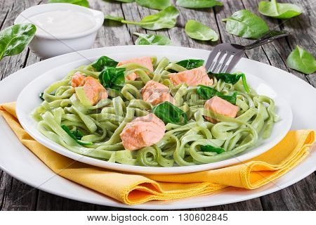 Salmon and Spinach Fettuccine pasta on white dishes and table napkin cream sauce in a gravy boat on dark wooden table italian style studio lights side view cllose-up