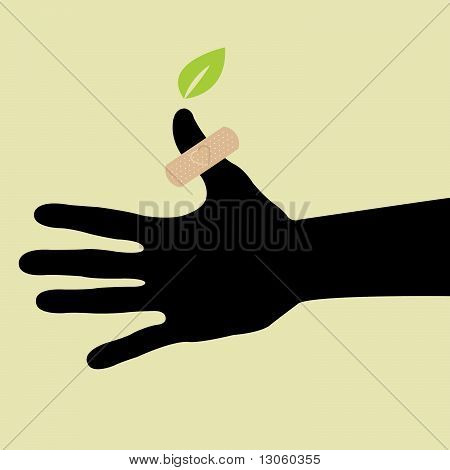 Mano con foglia e intonaco