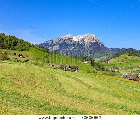 Landscape in the Swiss canton of Nidwalden with Mt. Pilatus in the background.