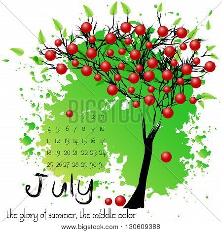 Abstract nature background with summer fructifying tree and sample of dates for calendar month July. Calendar design. Shape of tree on green splashes and blots. Vector illustration