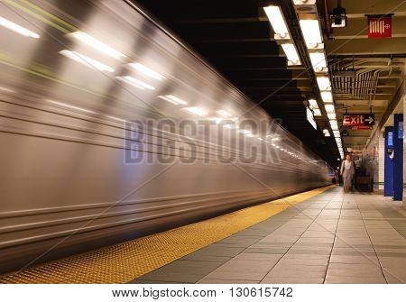 New York City, New York, USA - April 17, 2016: New York subway with fast moving train.