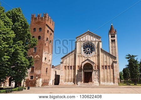 Facade and bell tower of the Church of San Zeno in Verona (UNESCO world heritage site) Veneto Italy