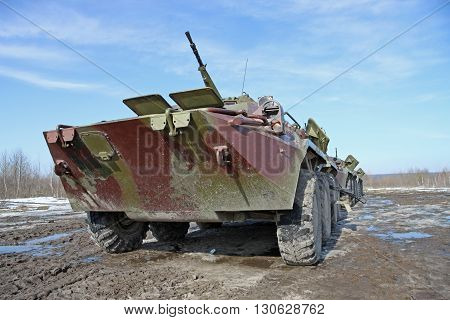 Zhitomir Ukraine - March 10 2011: Armored personnel carrier BTR-80 during the military trainings in the field