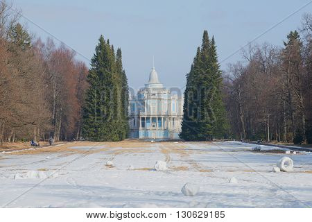 ORANIENBAUM, RUSSIA - MARCH 27, 2016: Spring in Oranienbaum. View of the old sliding hill pavilion. Historic landmark of the city Oranienbaum