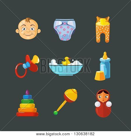 Vector pistures of Toys icons set isolate on dark background. Toys icons for web, ui, and logo developes. Funny cartoon Toys icons for kids.