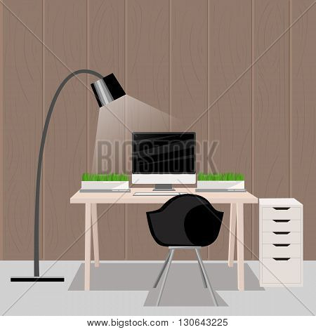 Working Place Modern Office Interior Flat Design Vector Illustration Computer desk workplace concept Workplace concept. Modern home office.
