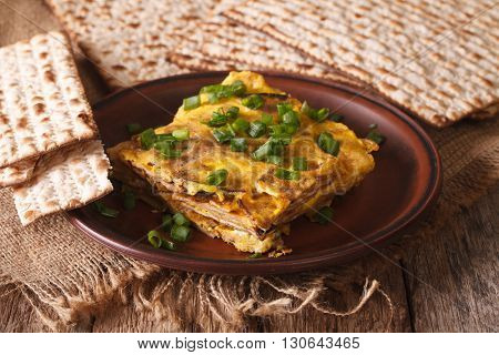 Jewish Omelette: Matzah Brei With Green Onions Close-up. Horizontal