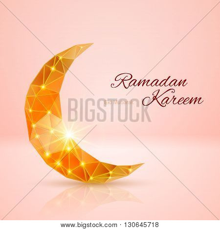 Glowing ornate crescent with bright flare and radiance in rose and golden shades. Greeting card of holy Muslim month Ramadan