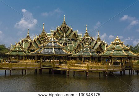 A Pagoda made on stilts sits on the Water