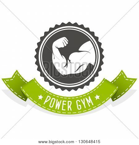 Fitness and bodybuilding emblem with muscleman hand