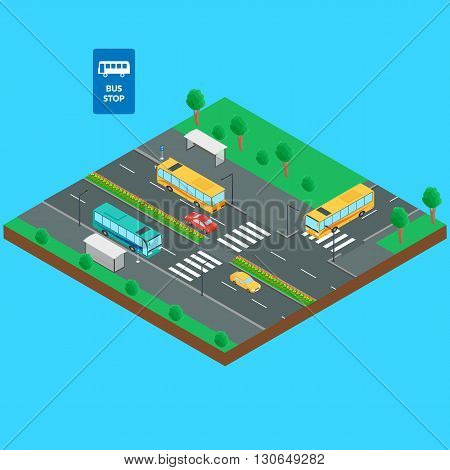 Vector illustration. Bus stop and road. Bus bus stop cars bus stop sign