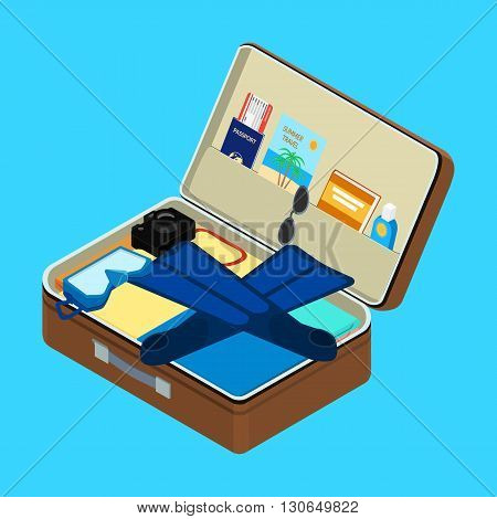 Vector illustration. open suitcase with things. Mask flippers a passport a plane ticket sunscreen camera. isometric infographic