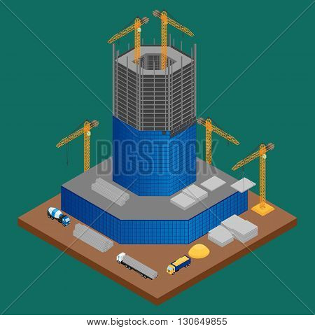 vector illustration. building site with building under construction skyscraper. A concrete mixer crane truck with building materials. isometric infographic