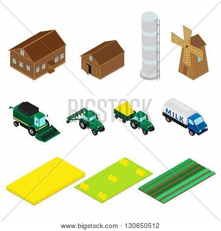 vector illustration. Set of icons of farm buildings and agricultural machinery. House barn windmill tractor harvester. isometric infographic