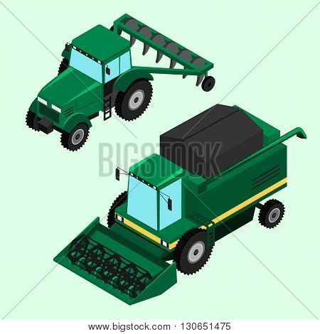 Vector illustration. Combine for harvesting and tractor with plow isolated.