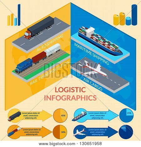 vector illustration. Infographics of delivery. Logistics. Freight train ship plane truck. Isometric 3D