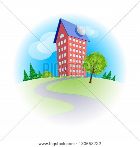 Cute cartoon multistorey house among trees in sunny day