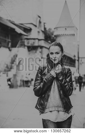 Beautiful girl traveling in the ancient town