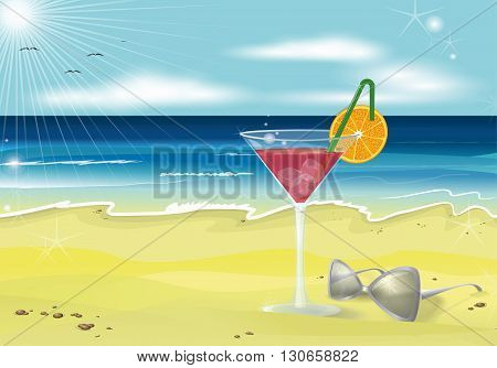 Summer holidays beach photo realistic vector background.Sand, glass, sunglasses