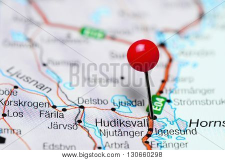 Hudiksvall pinned on a map of Sweden
