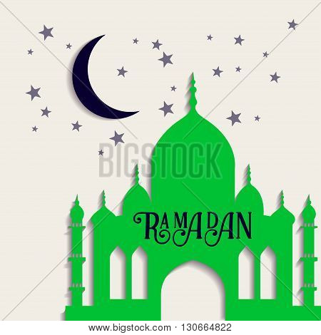 Ramadan vector greeting card with silhouette of mosque. Vector multicolor seamless background. Ramadan Kareem. Creative design concept for muslim holiday