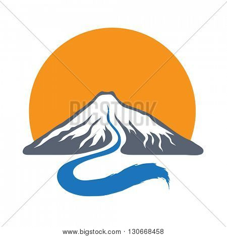 Mountain river and sun, vector logo illustration.