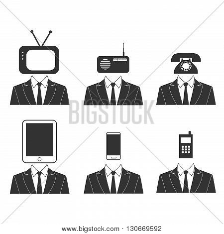 Vector. Communication, technology icons. Tv head, radio head, phone head, tablet head, mobile head.