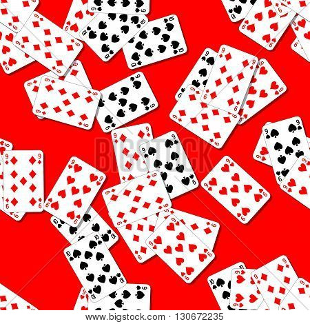 seamless pattern texture background with playing cards irregularly scattered on the red table