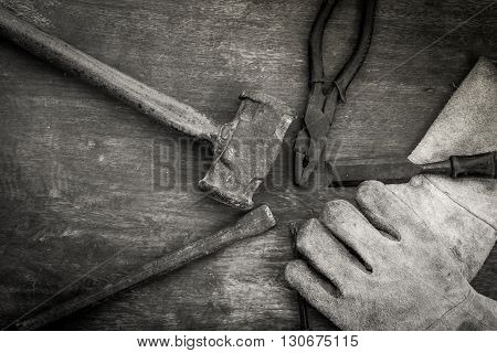 Still life with dirty tools on hard work