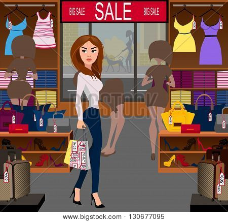 Fashionable woman with purchases on a big sale in the shop