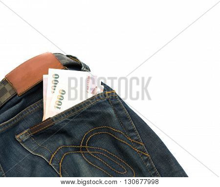 Cash in the backpocket jeans to travel isolate on white background